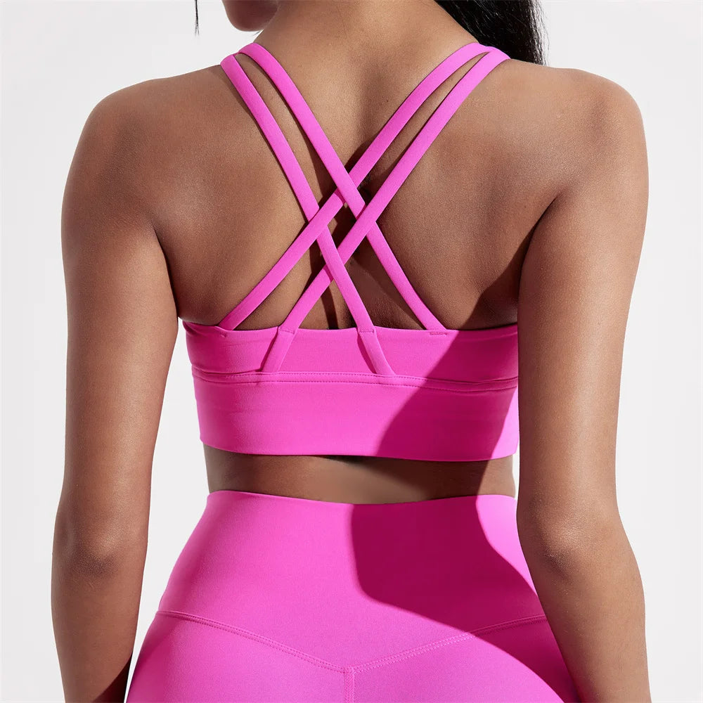 Solid Color Women Cross back Fitness sport Bra high strength Tight Top Gym